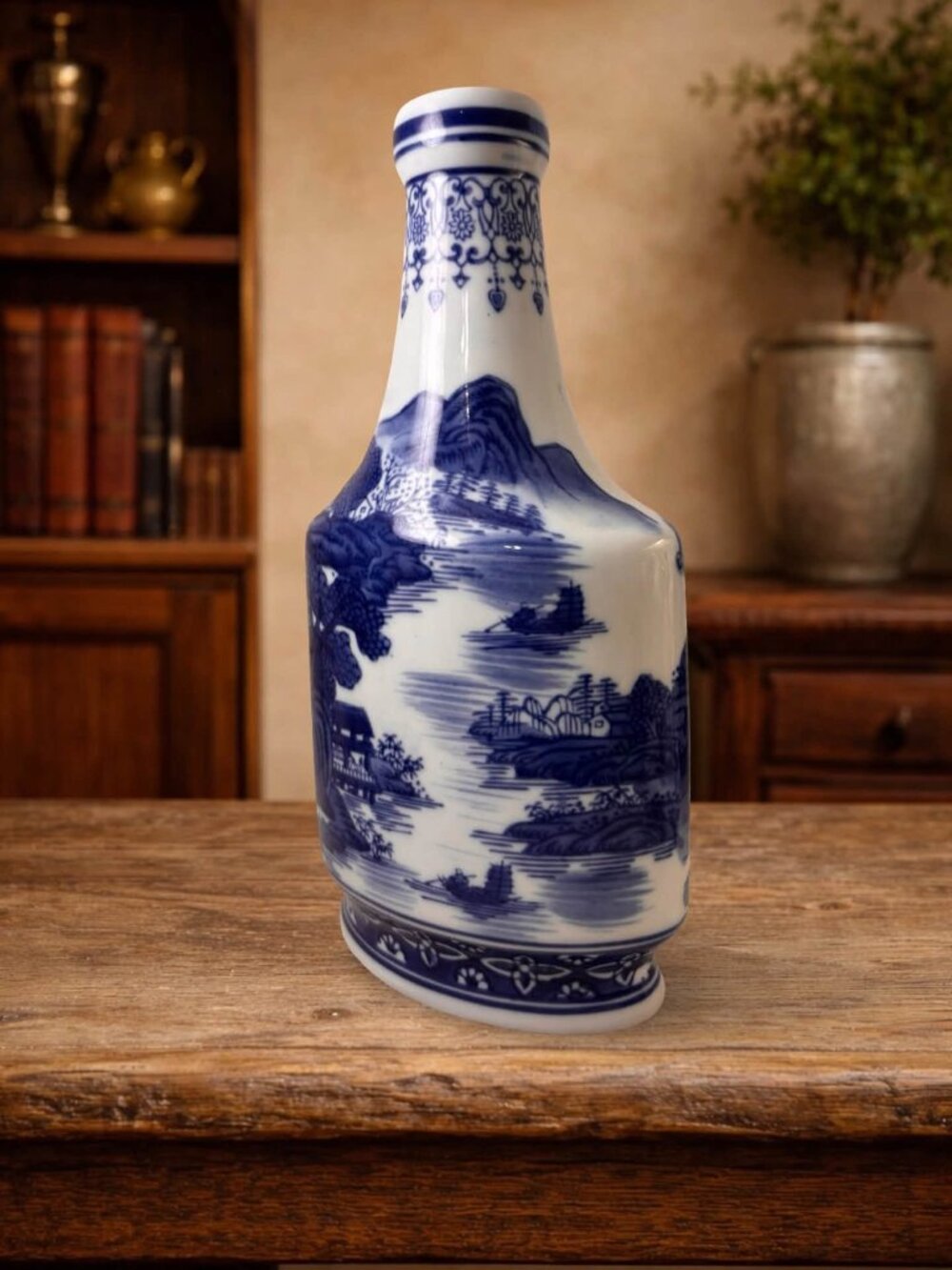 Blue & White Porcelain Chinoiserie Bottle Signed With Scenic Asian Landscape Des - Picture 2 of 8
